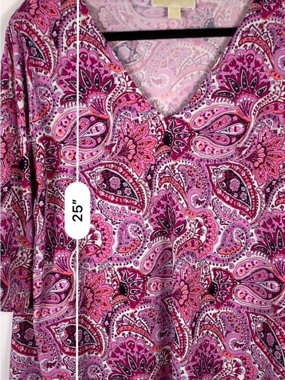 Michael Kors Women’s Top Pink Paisley V Neck Split Sleeve Gold Hardware